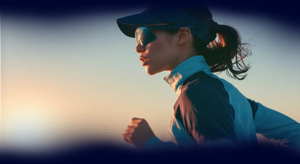 Persona corriendo al atardecer con visera y gafas de sol