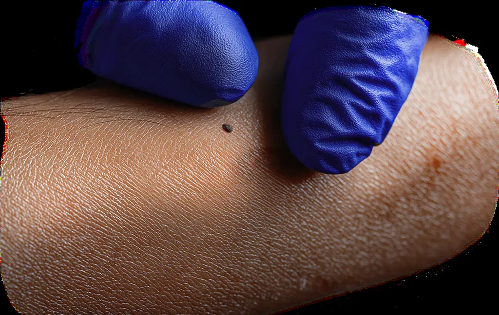Dermatólogo con guantes examinando un lunar en la piel de un paciente