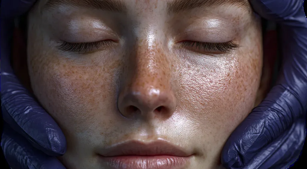 Primer plano del rostro de una paciente con pecas y lesiones pigmentadas